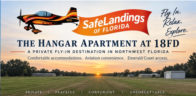 Promotional banner for The Hangar Apartment at 18FD showing a private airplane over a turf runway at sunset with the tagline: A Private Fly-In Destination in Northwest Florida